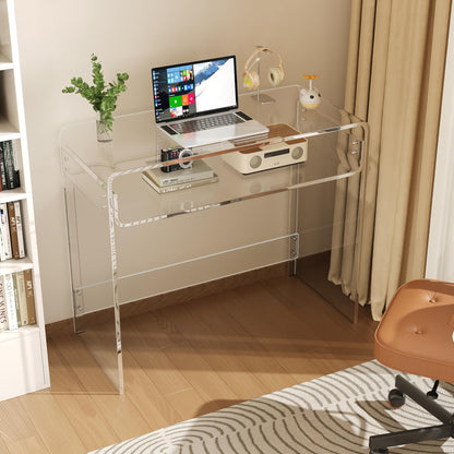XOHYW Acrylic Office Desk, Modern Laptop Writing Study Table with Open Storage, Transparent Console Entryway Table, 33.5" L x 15.8" W x 29.5" H, for Home, Bedroom (Clear)