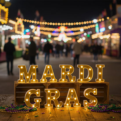 9Pcs Mardi Gras Light Up Letters, Mardi Gras LED Letters Lights, Battery Powered Marquee Light with Golden Mirror Surface for Mardi Gras Table Decorations Party - Mardi Gras Party Decor Table Centerpieces Wall Sign