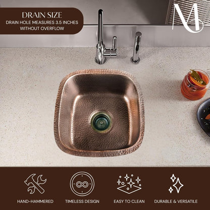 Monarch Abode Kitchen & Bar Sink – 15-inch Atlas Dual Mount Drop in Kitchen Sink, Hand Hammered Pure Copper Sinks, Drop in Bar Sinks or Undermount, Deep Single Bowl
