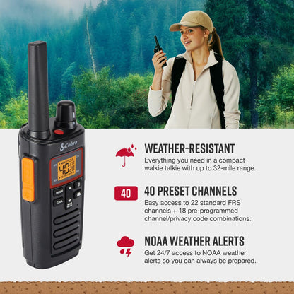 Cobra RX680 Walkie Talkies (2-Pack) - Rugged & Splashproof Two Way Radios Long Range, IP54 Water Resistant Design, 60 Pre-Programmed Channels, Weather Alerts, Included Charging Dock (Black/Orange)