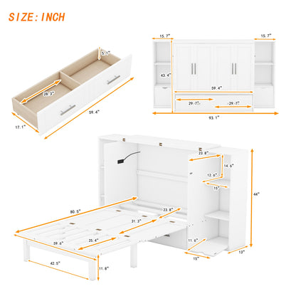 Merax Murphy Bed Queen Size Cabinet with Storage 2 Drawers 6-Layer Shelves and USB Ports, Wood Versatile Platform Bed Frame