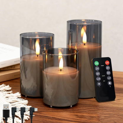 NICE POINT Rechargeable Flameless Candles, Flickering LED Flame Pillar Glass Fake Candles with Remote and Timer,Real Wax Flameless Candles for Living Room, Bedroom & Holiday Décor(Gray)
