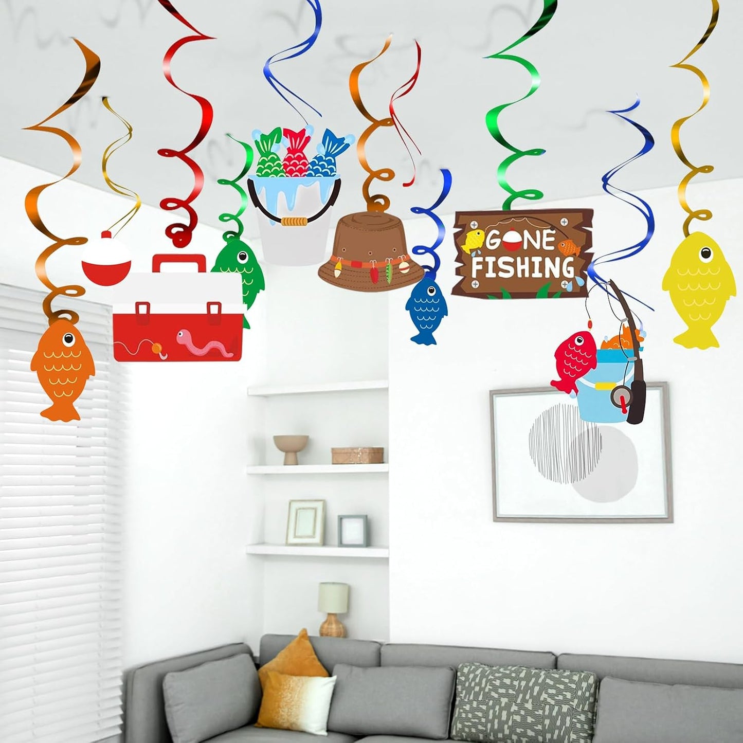 30CT Gone Fishing Party Decorations - Fishing Banner & Hanging Swirl Ceiling Streamers for Baby Shower Supplies