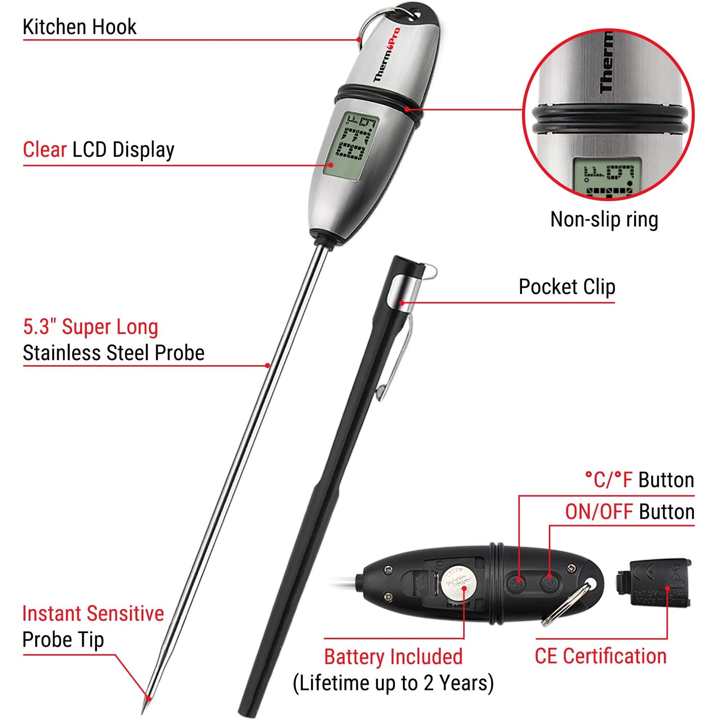 ThermoPro TP02S Digital Food Thermometer for Cooking Bread Baking Sourdough Liquids, Meat Thermometer Digital with Super Long Probe for Grill Candy Kitchen BBQ Oil Milk Yogurt Water Temperature