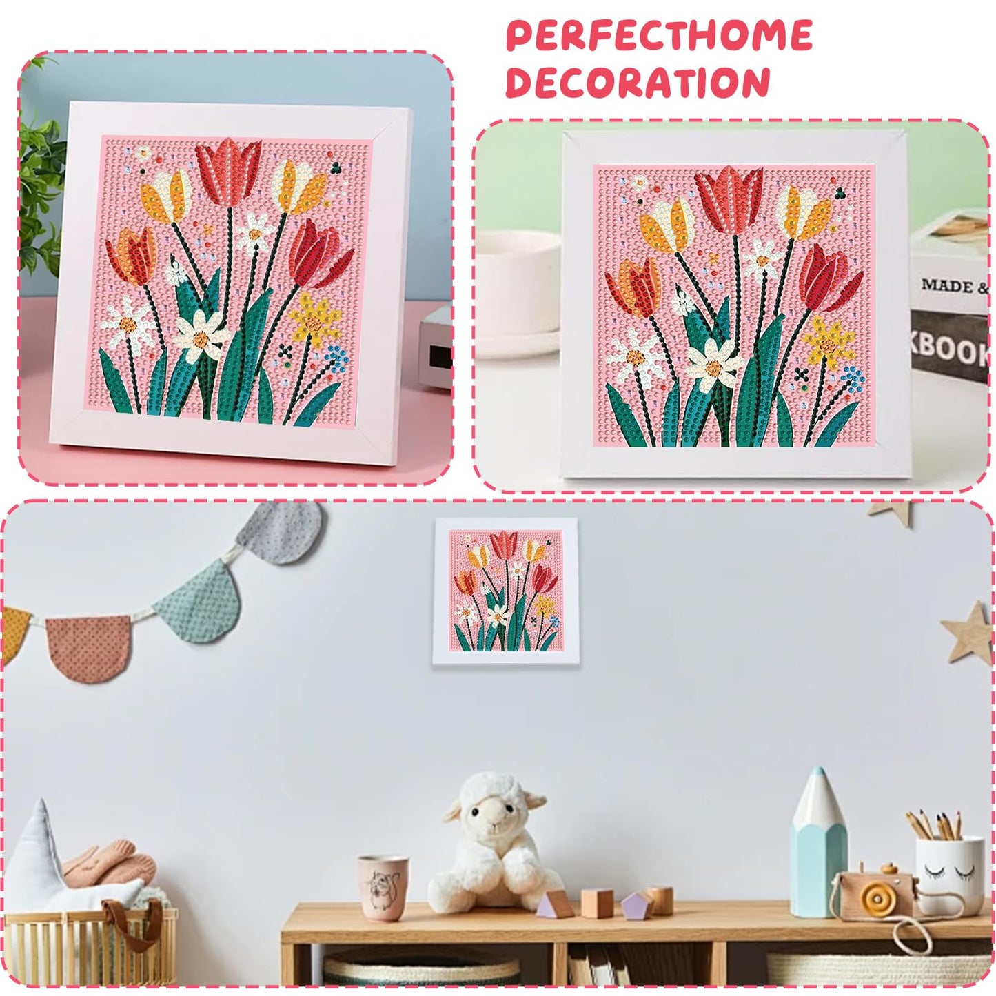 Pxzcrypha Flowers Diamond Art Kits for Kids with Frame,Flowers Diamond Art Painting for Kids, Gem Art Kits for Kids 8-12 for Gift Home Wall Decor (7x7inch)