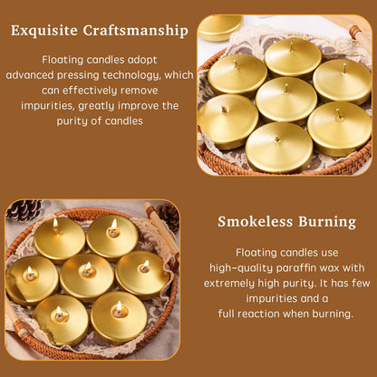 3 inch Floating Candles 36 Packs Gold Floating Candle for Centerpieces 8-9 Hours Floating Candles 3” Water Candles for Cylinder Vases, Pool, Wedding, Mother's Day