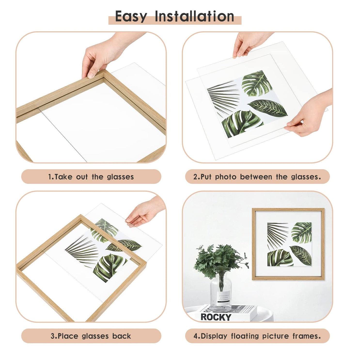 MUYE 10x10 Floating Frame Set of 2,Double Glass Square Photo Frame,Display Any Size Photo up to 10x10,Wall Mount or Tabletop Standing,Natural