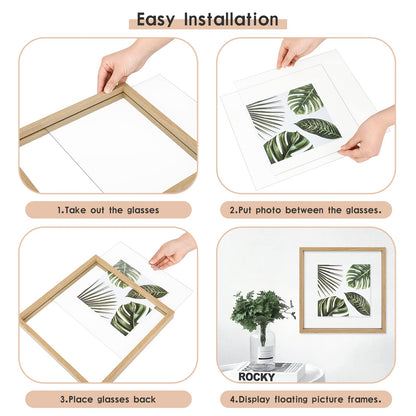 MUYE 10x10 Floating Frame Set of 2,Double Glass Square Photo Frame,Display Any Size Photo up to 10x10,Wall Mount or Tabletop Standing,Natural