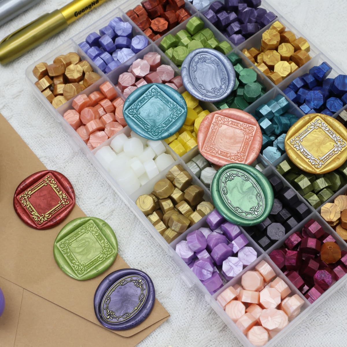 Frame Wax Seal Stemp Kit with 24 Colors Wax Seal Beads 624pcs,Electric Wax Seal Warmer,3D Embossed Frame Wax Seal Stamp,Sealing Wax Spoon, Wax Seal Pen, Tweezer,Wax Seal Stamp kit (24B)