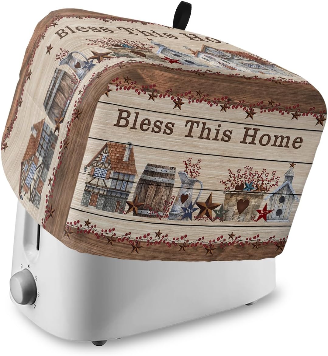 Toaster Dust Cover with Pockets, 2 Slice Soft Washable American Country Star Bless This Home Berries Wooden Board