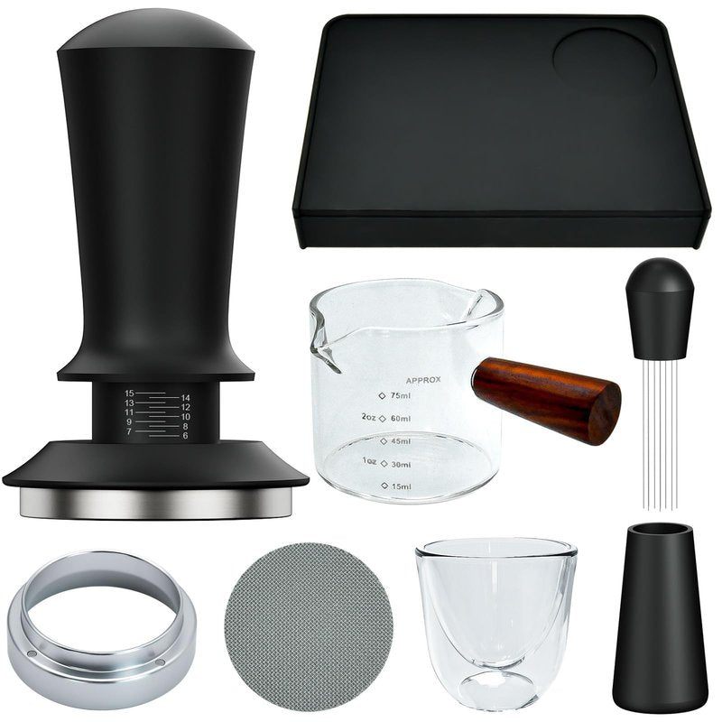 7 Pcs 51mm Espresso Accessories Kit, Spring Loaded Calibrated Tamper, WDT Tool, Coffee Measuring & Espresso Cup and Tamper Mat, Puck Screenr & Dosing Funnel, 51mm Espresso Machine Accessories