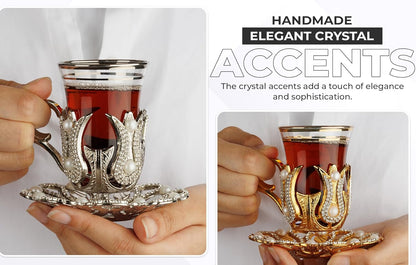 DEMMEX Set 2 2 3.3 oz 12" 5" Turkish Tea and Coffee Serving for Includes Glasses, Metal Glass Holders, Saucers, Spoons