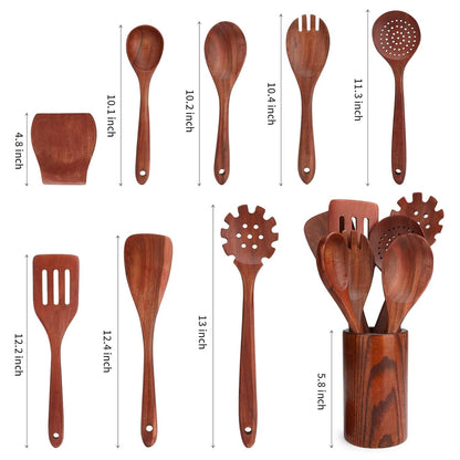 Kitchen Utensils Set, 16 Pcs Wooden Spoons for Cooking, Natural Teak Nonstick Spatula with Spoon Rest, Premium Quality
