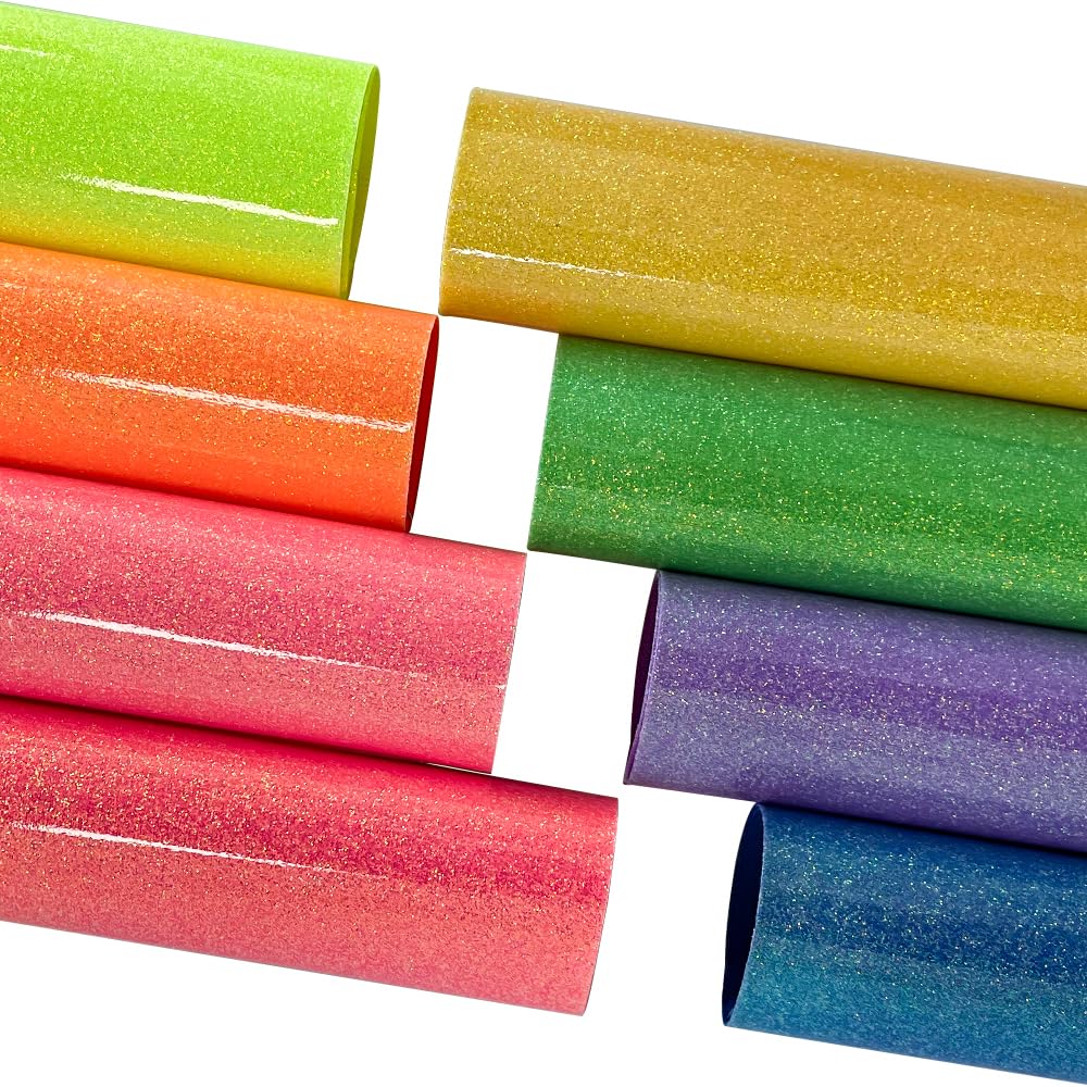 ONEART | 8 Pieces Bright Color Sparkle Glitter Faux Leather Sheets, 8"×12" Smooth Solid Synthetic Vinyl Fabric for Hair Clips Bows Earrings DIY Crafts