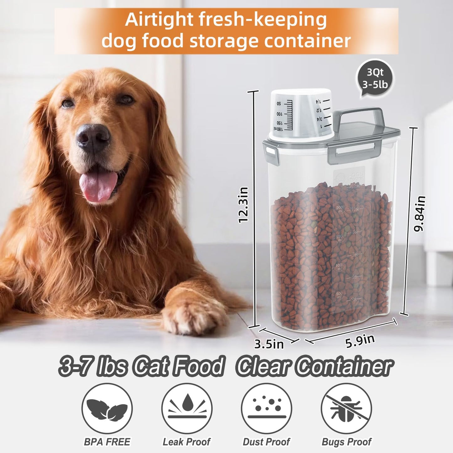 LEAWALK 3-5Lbs/3Qt Dog Cat Food Storage Container With Foldable Bowl. Plastic Pet Food Dispenser for Small Animal Kibble/Pet Food/Bird Seed/Oatmeal/Rice/Flour/Brown Sugart/Cereals (Clear Grey)