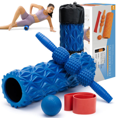 5 in1 Foam Roller Set, Trigger Point Foam Roller, Massage Roller Stick, Massage Ball, Resistance Band for Deep Muscle Massage Pilates Yoga,Fitness Exercise for Whole Body (Black-Red)