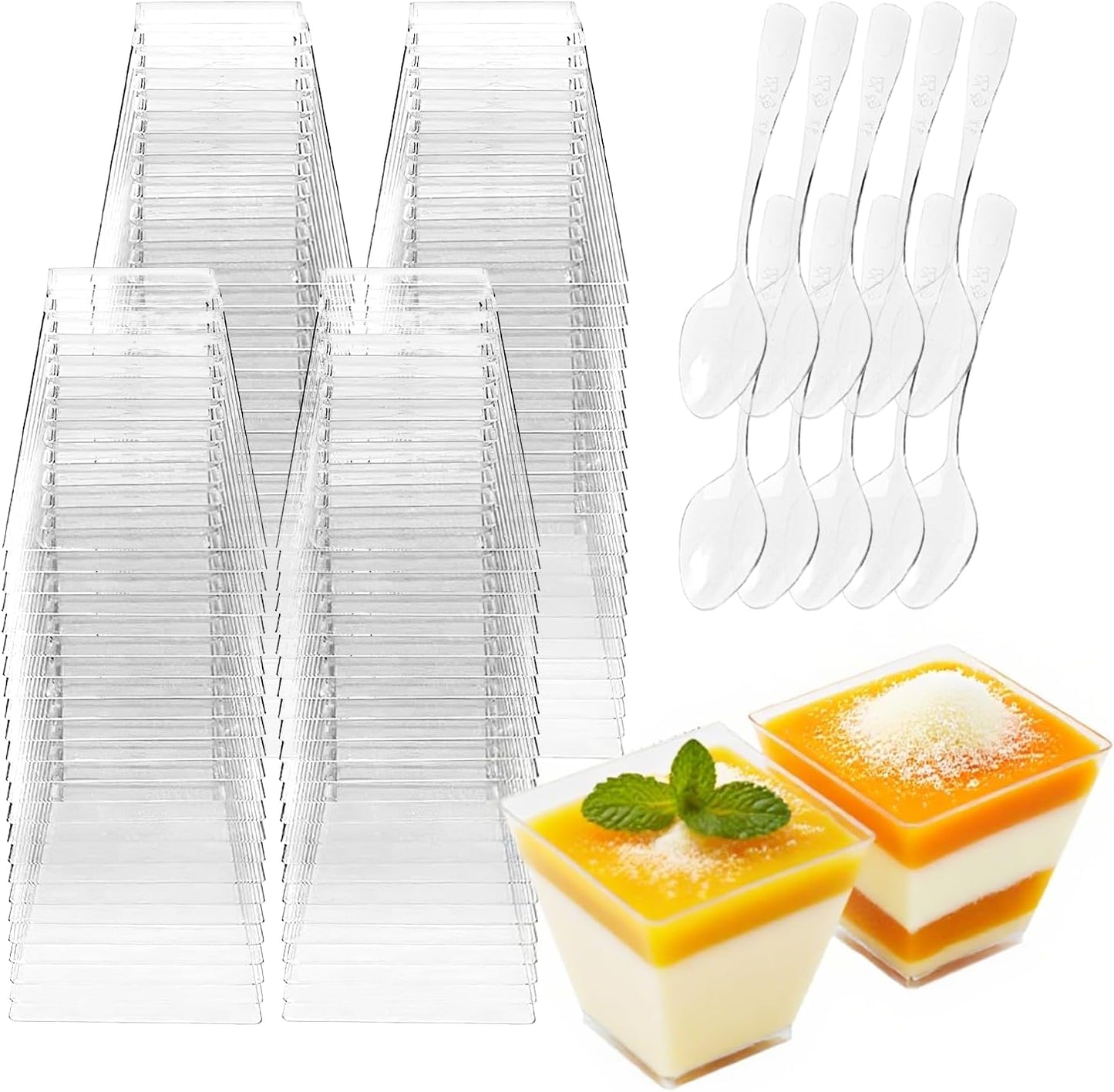 200 Pack 2 oz Mini Plastic Dessert Cups with Spoons, Disposable Clear Pudding Parfait Jello Shooter Cups Party Serving