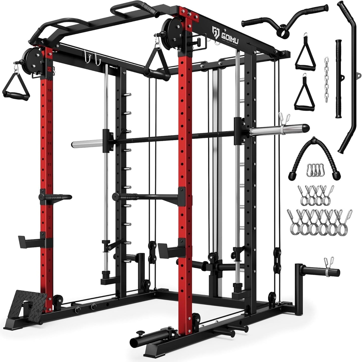 Patikuin Heavy-Duty Power Cage Smith Machine – Multi-Functional Comprehensive Home Gym Rack with Cable Crossover, Dual Pulley, LAT Pulldown, Dip Bars, Tricep Rope – Space-Saving, Black-Red