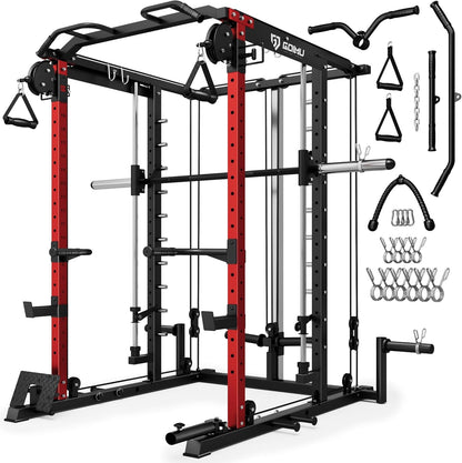 Patikuin Heavy-Duty Power Cage Smith Machine – Multi-Functional Comprehensive Home Gym Rack with Cable Crossover, Dual Pulley, LAT Pulldown, Dip Bars, Tricep Rope – Space-Saving, Black-Red