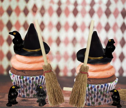36 Pcs Mini Witch Hats Small Straw Brooms and Miniature Resin Crows Tiny Witch Accessories Set Dollhouse Table Decorations for Cupcake Topper DIY Crafts Halloween Decor Supplies