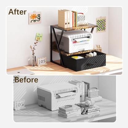 aboxoo Printer Stand for Desk with Storage Drawer, 2 Tier Desktop Or UnderDesk Shelf, Multi-Purpose Desk Organizer for Home Office, fit Fax Machine/3D Printer/Scanner, Rustic Brown