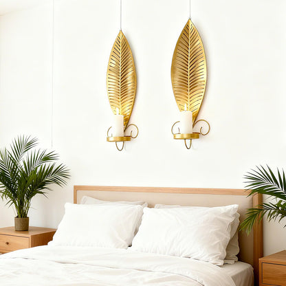 Farmhouse Wall Candle Sconces Vintage Metal Leaf Candle Holder, Set of 2 Wall Candlestick Mounted for Hallway Fireplace Bedroom Living Room (Gold)
