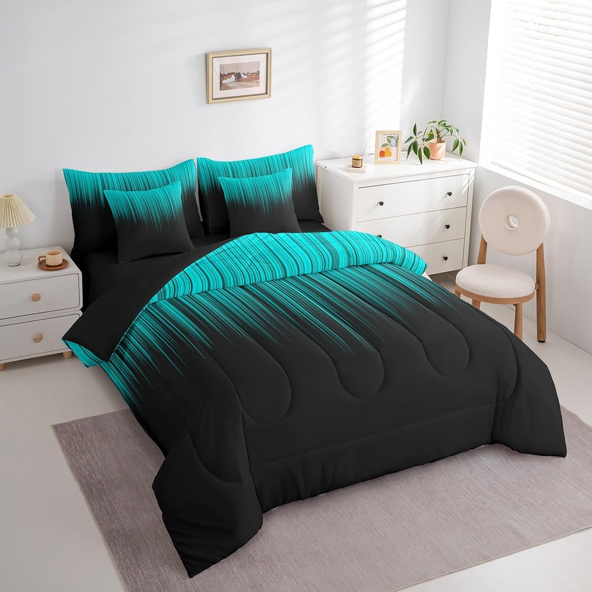 Set 7 Set Feelyou Abstract Ombre Comforter with Sheets Kids Teens Teal and Black Girls Piece Bedding Room Decor Fashion