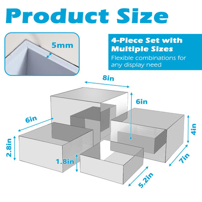 koretech 4Pcs Acrylic Risers Display Stands, Food Risers for Buffet Table, Acrylic Cube Mirror Risers for Catering Dessert, Jewelry Collectibles Party, Silver
