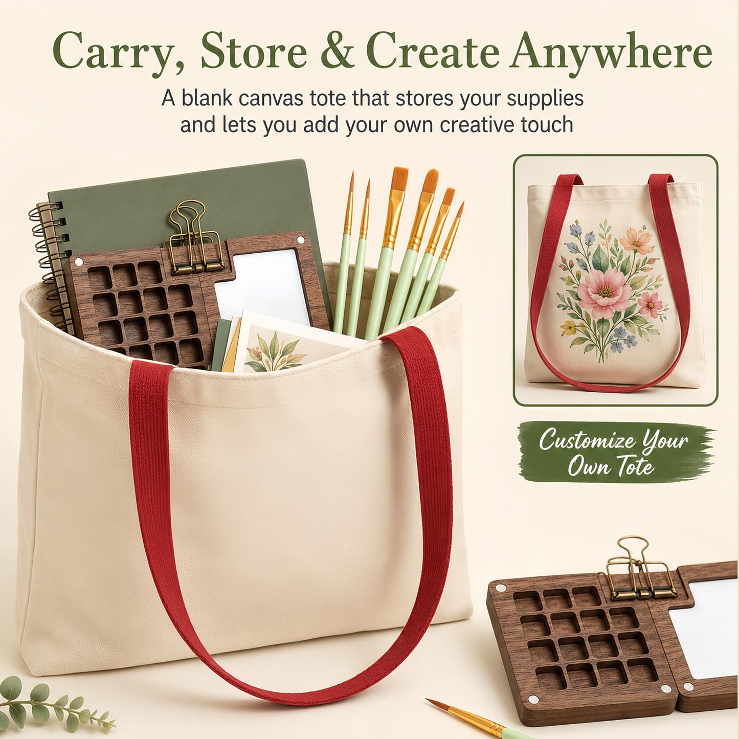 fsdyknej Portable Painting Kit for Adults, Travel Art Set with Mini Wooden Palette, Canvas Tote Bag, Brushes, Blank Cards and Bookmarks for DIY Creative Projects