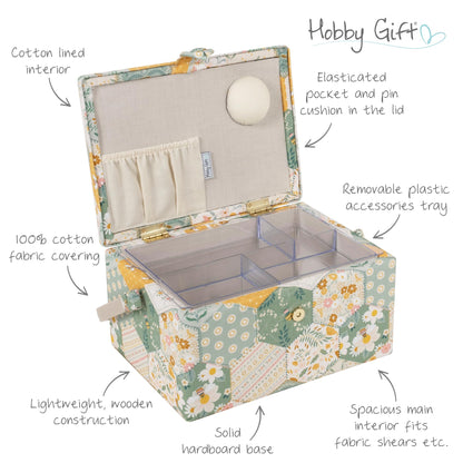 Hobby Gift Medium Sewing Box Organiser, Fabric Covered Storage Box with Handle, Internal Tray, Pin Cushion and Pocket for Sewing, Quilting and Knitting Supplies
