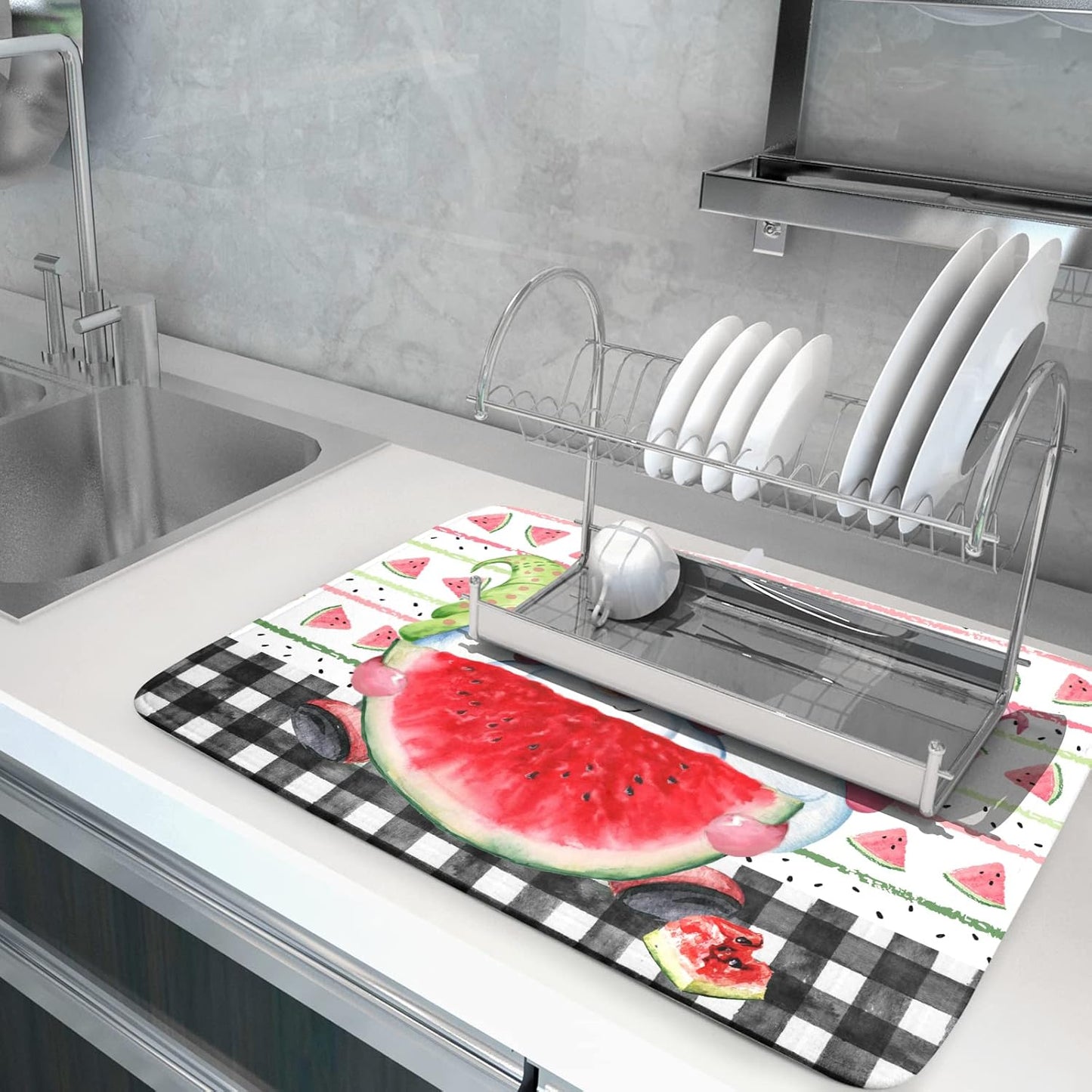 Summer Gnomes Dish Drying Mat 18x24 Inch, Watermelon Fruit Buffalo Plaid Absorbent Kitchen Dry Mats for Sink