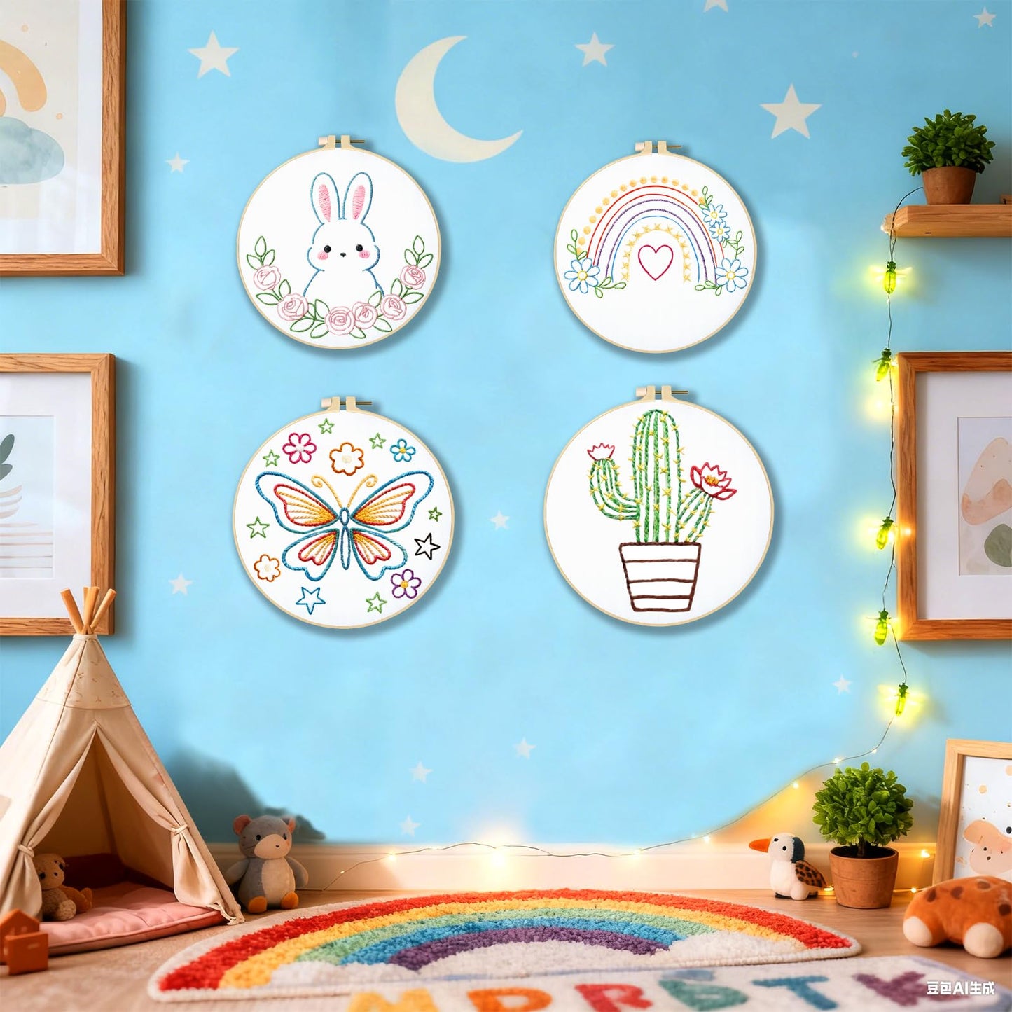 BEUNITONE Embroidery Kit with 6 Easy Patterns, Simple Cross Stitch Starter Set for Absolute Beginners, Cute Animal Rainbow Butterfly DIY Craft Activity