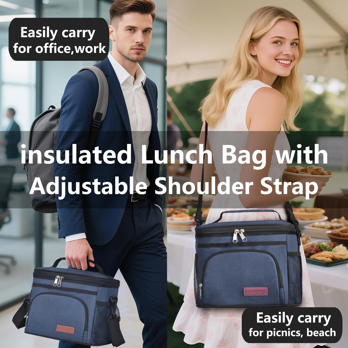 ExtraCharm Insulated Lunch Bag for Women/Men - Reusable Lunch Box for Office Picnic Hiking Beach - Leakproof Cooler Tote Bag Organizer with Adjustable Shoulder Strap for Adults - Blue