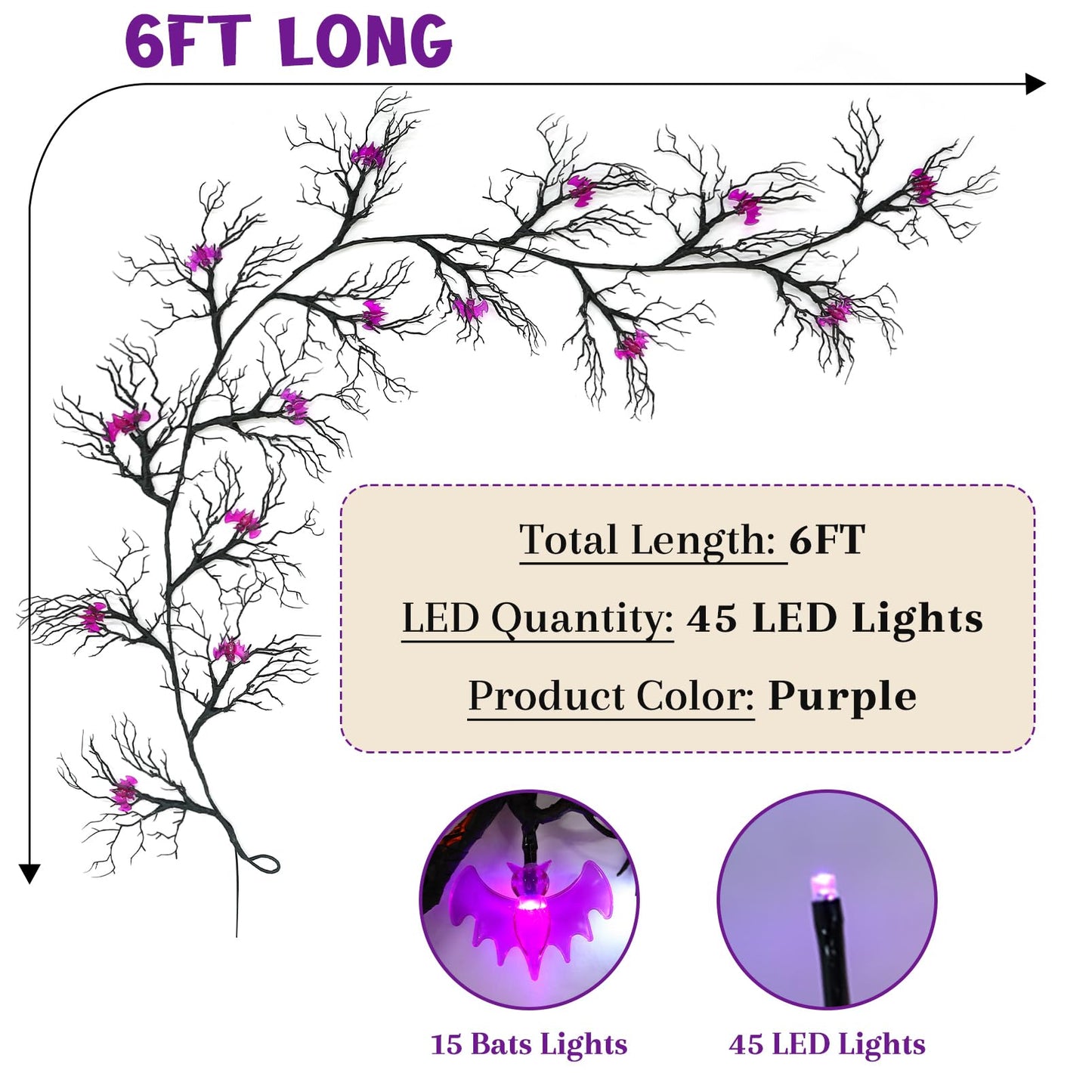 Joyhalo Halloween Garland with Lights Decorations with Bat Lights,Battery Operated 6FT 48 LED Halloween Willow Vine Twig Garland for Mantle,Wall,Fireplace and Halloween Decorations