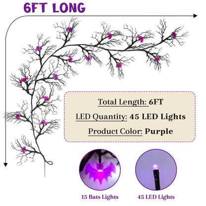 Joyhalo Halloween Garland with Lights Decorations with Bat Lights,Battery Operated 6FT 48 LED Halloween Willow Vine Twig Garland for Mantle,Wall,Fireplace and Halloween Decorations