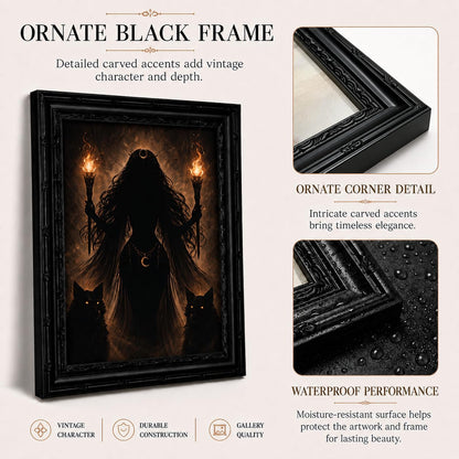 Dezrobew Gothic Witch Wall Art Dark Fantasy Black Wolves Painting Dark Academia Decor Mystical Moon Artwork Black Framed Picture for Bedroom Living Room Office 9''X11''