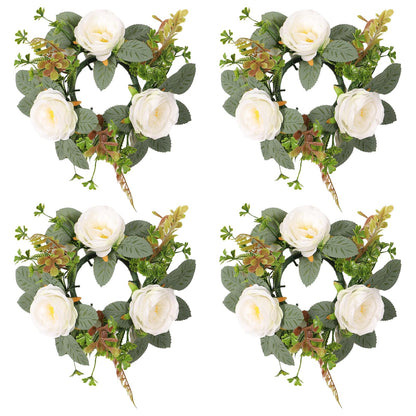4 Pcs White Rose Candle Rings, Candle Rings Artificial Eucalyptus Leaves Wreaths Candle Rings Wreaths Greenery Wreath Candle Rings for Wedding Centerpiece Party Home Table Decor