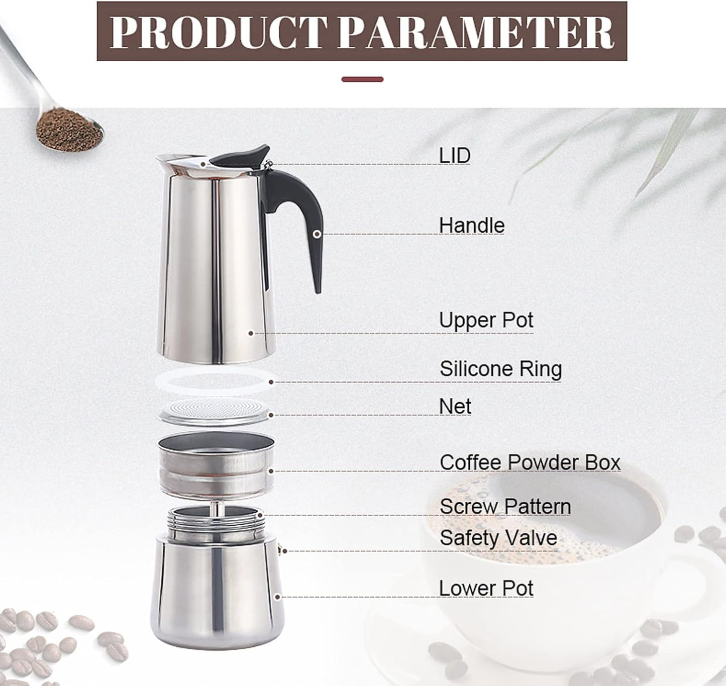 Atyhao Electric Coffee Maker, Food Grade Stainless Steel Moka Pot for Home and Outdoor Camping (100ml)