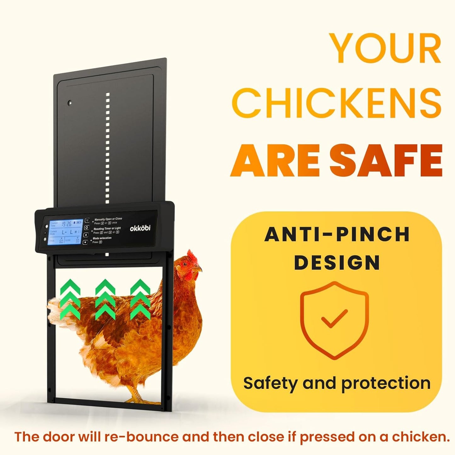 Anti-Pinch 5-Year Okkobi Automatic Chicken Coop Door Solar Powered - LCD Display - Chicken Coop Door with Light Sensor