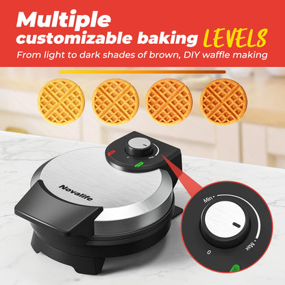 Waffle Maker, 7“ Round Classic Belgian Waffle Iron, Adjustable Browning Control, Easy-Clean Nonstick Plates & Cool Touch Handle, Space Saving Storage, Stainless Steel