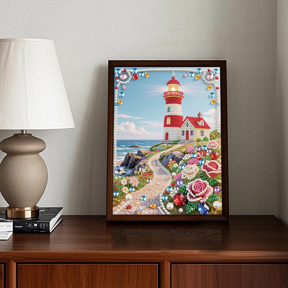 DIADAY 5D DIY Pearl Painting Kit for Adults, Lighthouse Pearl Art with Diamond Special Shape Rhinestones Accents, 3D Relief Beads Craft Home Wall Decor Gift, 12 x 16 Inches