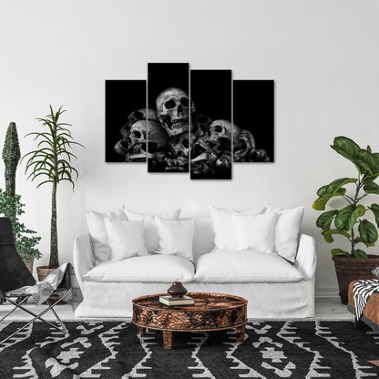 iKNOW FOTO Large 4-Panel 48x33 Black and White Skulls Canvas Wall Art - Abstract Halloween Day of Dead Skeleton Picture Print, Ready to Hang for Home Bedroom Decor