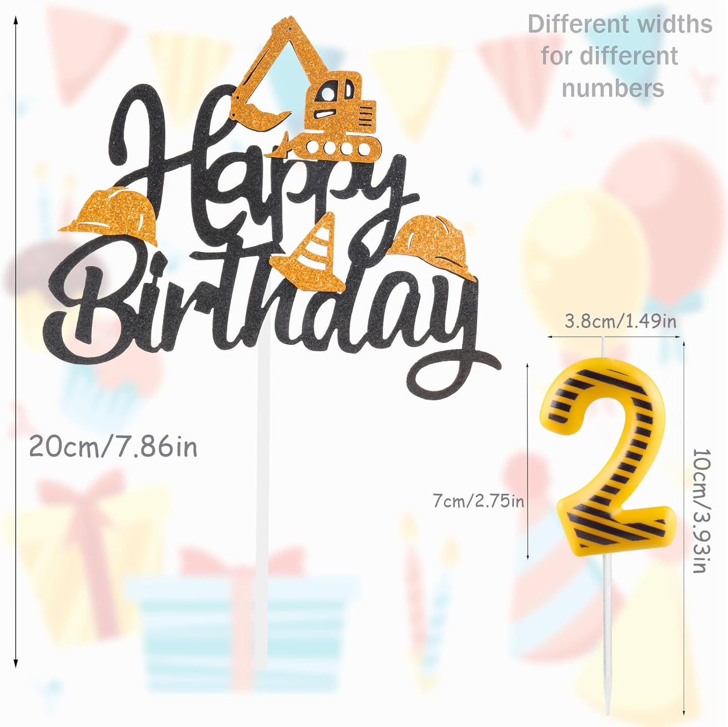 FUNCANDLE Set,Yellow 4 4th Construction Themed Birthday Candles White Stripes Number Candle with Construction Cake