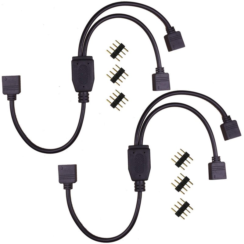 RGBZONE 2 Pack Black 4 Pins LED Splitter Cable Strip Connector 2 Way Splitter Y Splitter for 1 to 2 RGB 5050 3528 LED Light Strips with 6 x Male 4 Pin Plugs (11.8")
