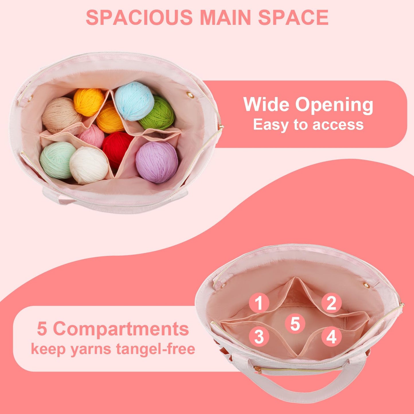 Veirdro Crochet Bag Organizer for Yarn Storage, Velvet Knitting Tote Bag with Double Handle for Crochet Accessories, Portable Travel Case for Yarn Balls, Crochet Hooks& Knitting Needles Holder (Pink)