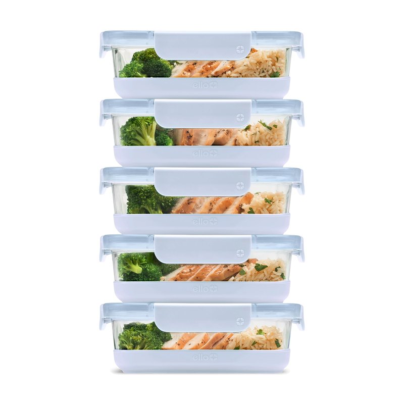 Ello Duraglass 3.4 Cup Meal Prep Sets 10Pc, 5 Pack Set- Glass Food Storage Container with Silicone Boot and Airtight BPA-Free Plastic Lids, Dishwasher, Microwave, and Freezer Safe, Halogen Blue
