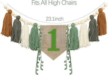 1st Wild One High Chair Banner Boy First Birthday Decorations,Jungle Green Highchair Banner,Woodland One Year Old Party