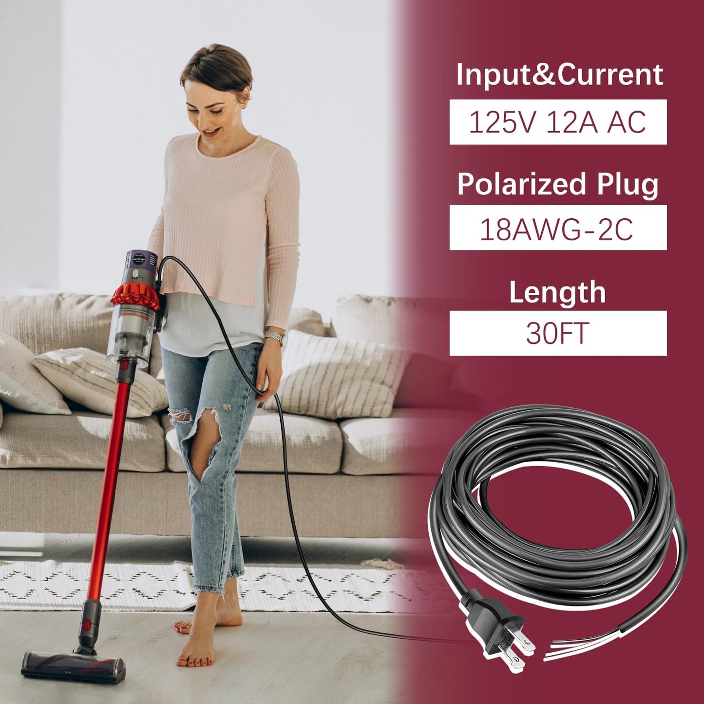 Replacement Power Cord for Oreck XL XL2 Upright Vacuum Cleaner, Fits 2300RS, 4070H2L, 4080H2B, 4080H2R, 4080H2Y
