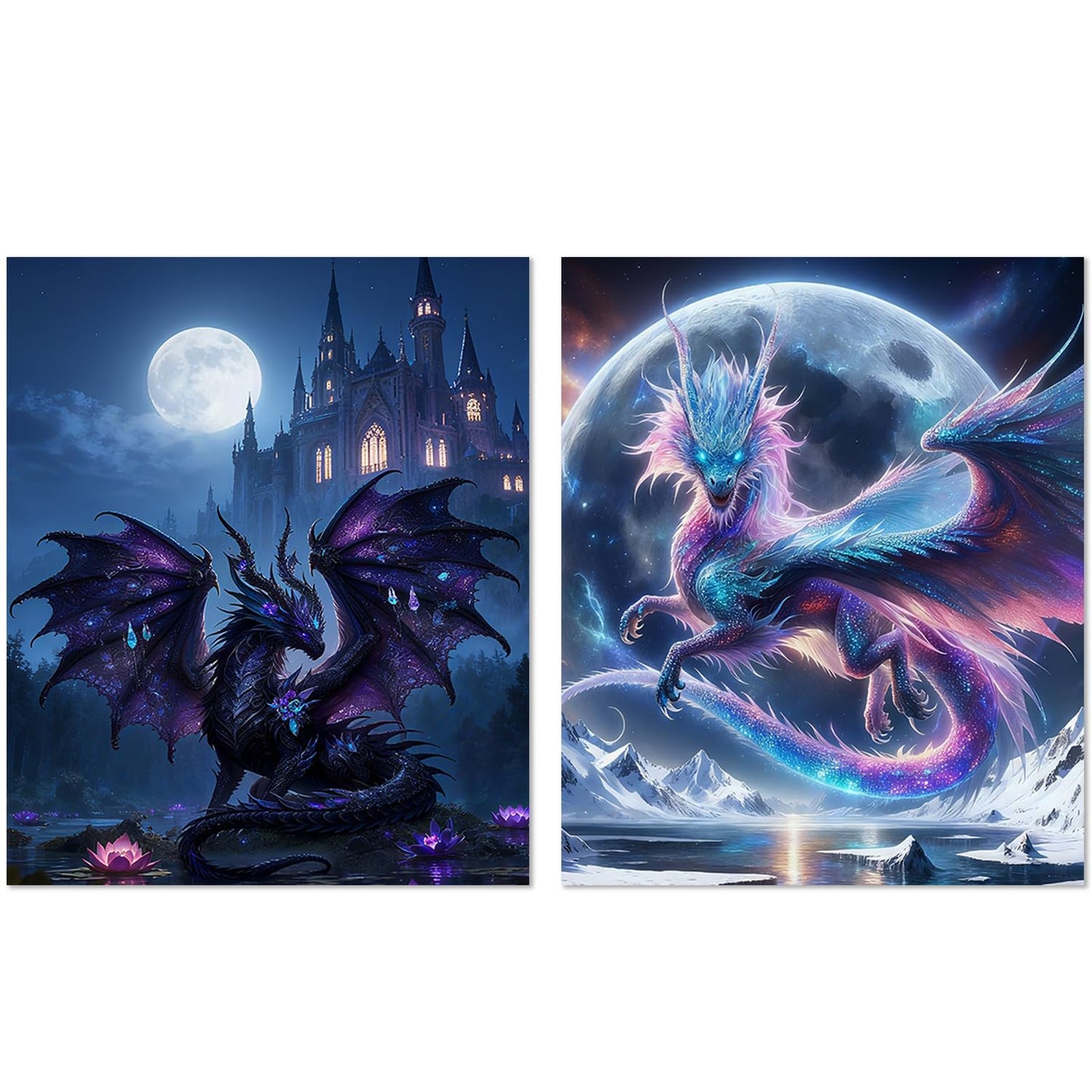 XUNLURY Dragon Diamond Art Kits 2 Pcs, Fantasy Neon Dragon Full Moon Castle Diamond Painting Kits for Adults Beginners, Full Drill Diamonds Dots for Home Decor, 9.8x11.8 Inch