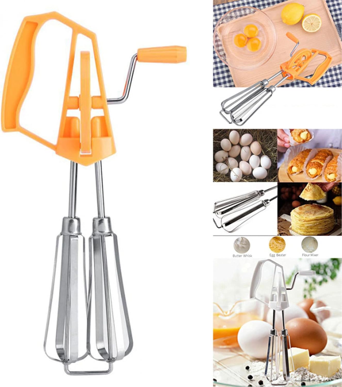 Manual Egg Beater, Hand Held Mixer, Plastic Hand Crank Autorotation for Home Baking (Orange)